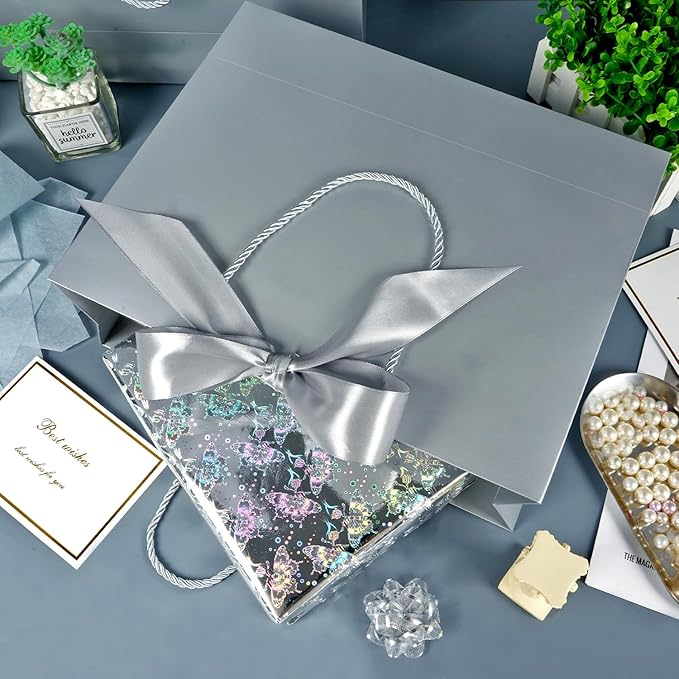 Large Gift Bags, 2PCS Gift Bags with Handle Tissue Paper Greeting Card, 13’’ Portable Birthday Gift Bag Set, Silver Present Bags for Birthday Party Favor Wedding Baby Shower Father’s Day, 13x10x4inch