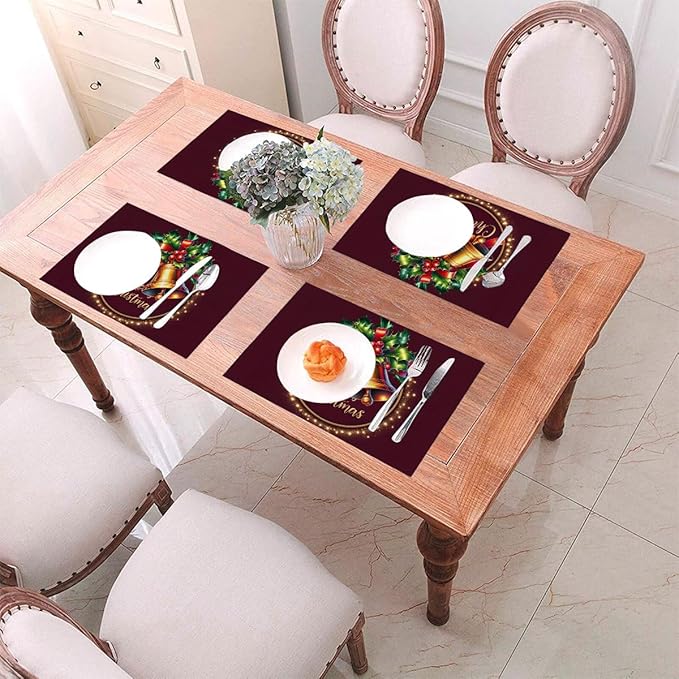 PVC Placemats Set of 6 Wipeable Table Mats Washable Heat Resistant Non Slip Vinyl Dining Table Mat for Kitchen Indoor Outdoor Patio Farmhouse Place Mats Christmas Bell Red Decorative