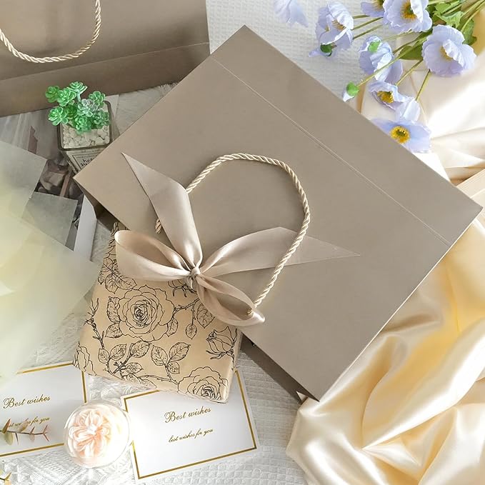 Gift Bags, 13” Large Gift Bags with Tissue Paper Greeting Card, 2PCS Portable Birthday Gift Bag Set, Champagne Gold Present Bags for Birthday Party Favor Wedding Baby Shower Mother’s Day, 13x10x4inch