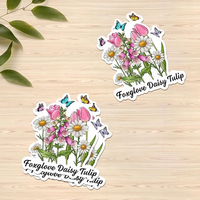 HANDICHI Design 5-Pack 6 Inch Foxglove Daisy Tulip Stickers – Floral Vinyl Decals, FDT Bumper Stickers, Waterproof Aesthetic Flower Sticker Pack for Laptops, Water Bottles, Journals