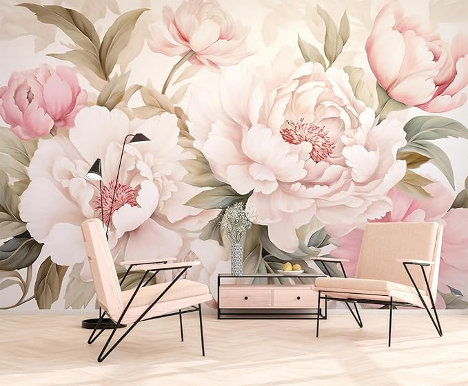 Pink Floral Wallpaper Large Peony Flowers Wall Mural for Girls Room Bedroom（Not Peel and Stick）