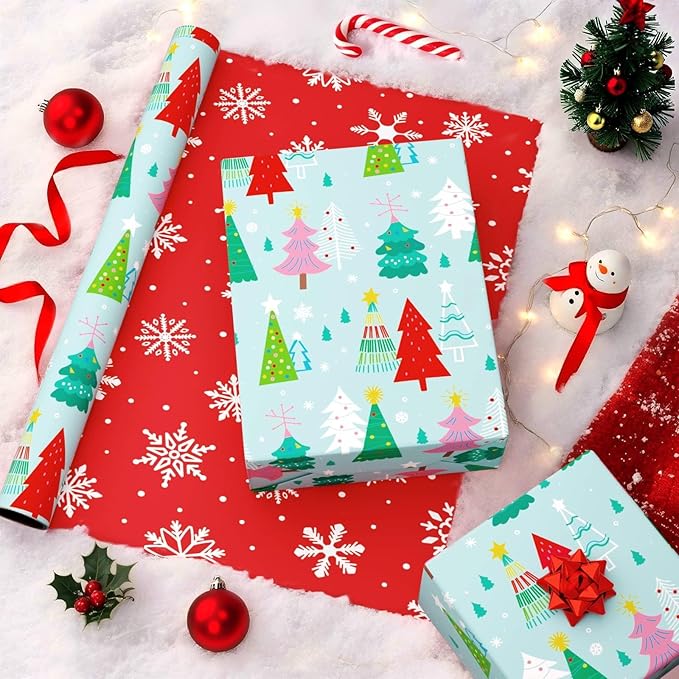 WERNNSAI Christmas Tree Wrapping Paper - 1 Roll 17”x 33 ft Christmas Gift Wrapping Paper for Kids Reversible Snowflake Wrap Papers Red Green Holiday Gift Wrap for Family Friends Xmas Winter Party