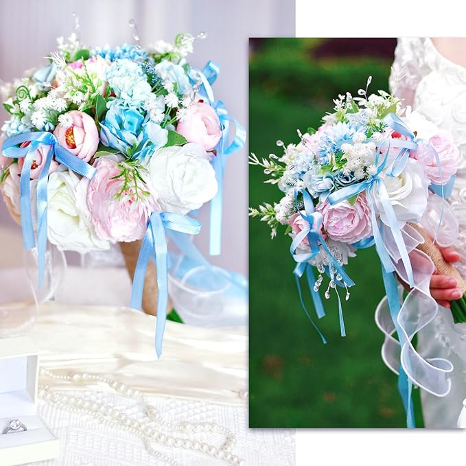 8.6in Wedding Bouquets for Bride Bridesmaid, Baby Blue Blush Pink Creamy White Bouquet with Crystal Pastel Flowers Artificial Fake Silk Roses for Wedding Rainbow Spring Beach Decoration Toss Bouquet