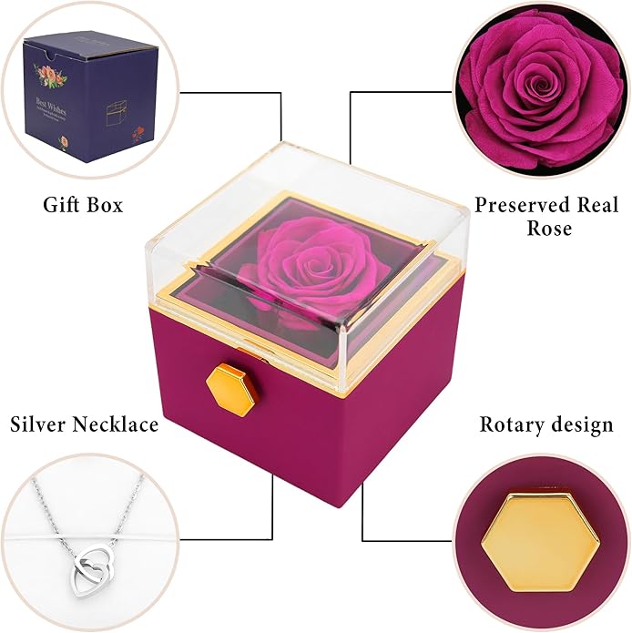 ‌TINGKU Eternal Real Rose Gift Box for Women, Preserved Rose with Customized Name Engraved Heart Necklace, Personalized Romantic Gift for Wife, Girlfriend, Mom, Mother's Day Love Keepsake
