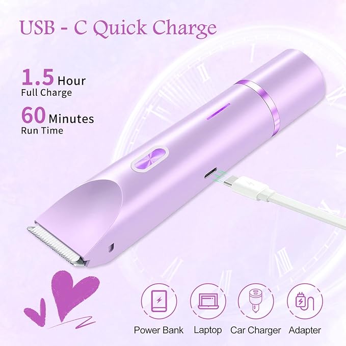 2025 New 2 in 1 Bikini Trimmer for Women, Bikini Shaver with Dual Head, Painless Smooth Shave & Gentle Pubic Hair Removal, Cordless & IPX7 Waterproof Electric Trimmer for Sensitive Skin (Purple)