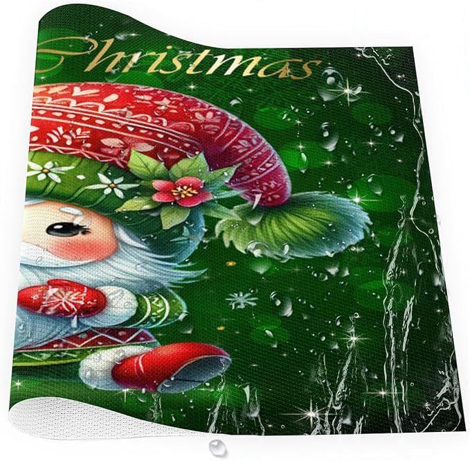 Xmas Christmas Green Santa Claus Placemats Set of 6 PVC Vinyl Non Slip Table Mats Heat Resistant Place Mats Washable Wipeable Dining Table Mat for Kitchen Decor Party Indoor Outdoor Decorative Gift