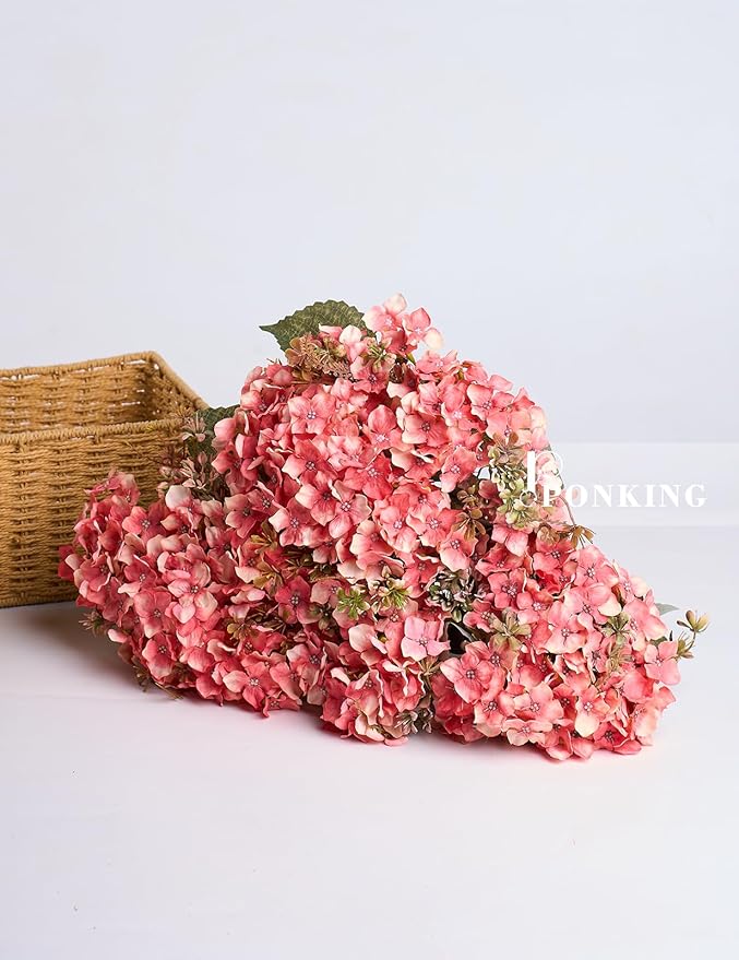 Hydrangea Artificial Flower 3pcs Realistic Faux Silk Hydrangeas Fake Flowers Bouquets Arrangements Decor for Wedding Spring Mother's Day, Home Table Decorations, Sunset Pink Flower