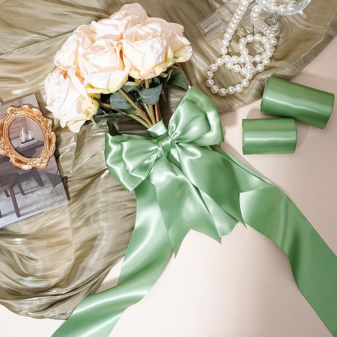 LaRibbons Sage Green Satin Ribbon 3 Inch 10 Yards Double Faced Luxury Light Green Silk Ribbon for Gift Wrapping Flower Bouquets Bow Christmas Wedding Party Decoration