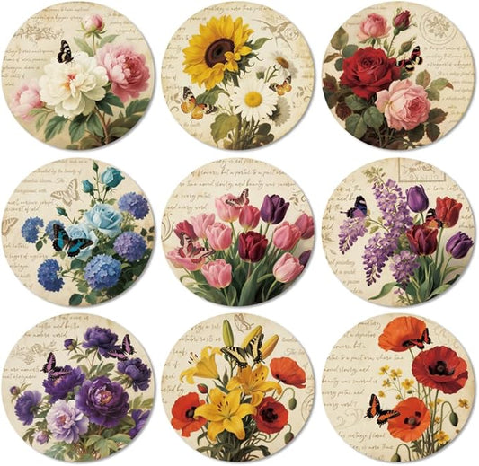 ANATTASOUL Coasters Set of 9 Retro Flowers Pattern Colorful Wooden Coasters Bulk Round Housewarming Gift for New Home, 3.9" Decorative Coffee Table Protection for Farmhouse Bar House Decor