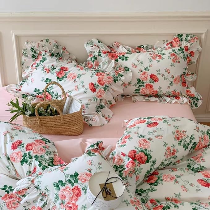 LifeTB Pink Floral Comforter Set King Vintage Pink Flower Leaves Botanical Coquette Bedding Comforter with 2 Pillowcases Romantic Ruffle Boho Comforter Floral King Bed Comforter Set for All Seasons