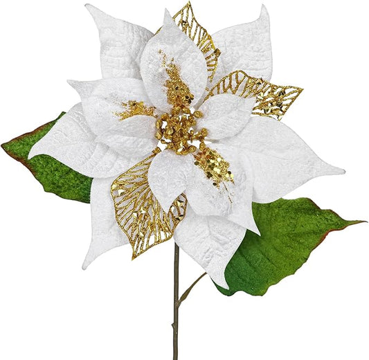 10" Poinsettia Flower Artificial for Christmas Tree Decor, 3 Pcs Faux Glitter Poinsettias Stems for DIY Xmas Wreath & Garland, Christmas Ornaments for Home Party, Holiday Decorations, White Gold