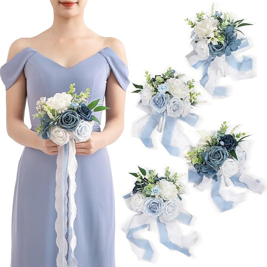 TINGE TIME 7 Inch Artificial Flowers Wedding Bouquets for Bridesmaid, Set of 4, Dusty Blue Bride Tossing Bouquet for Rustic Wedding Ceremony Bridal Shower Rehearsal Dinner Vintage Party