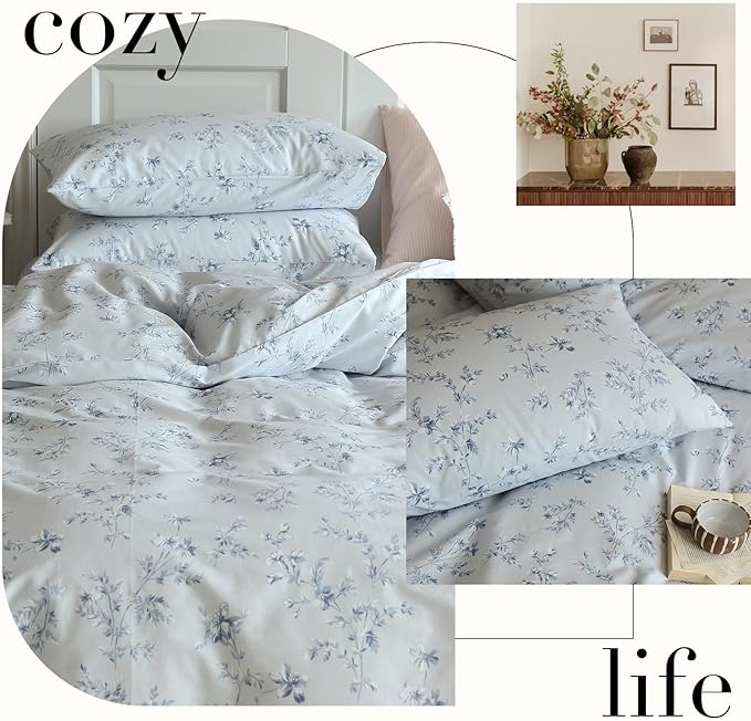 LifeTB 3 Pieces Duvet Cover Twin XL Blue Floral Print Duvet Cover Coquette Bedding Set Vintage Flower Duvet Cover Soft Cotton Comforter Cover Boho Cottagecore Duvet Cover with Zipper Closure