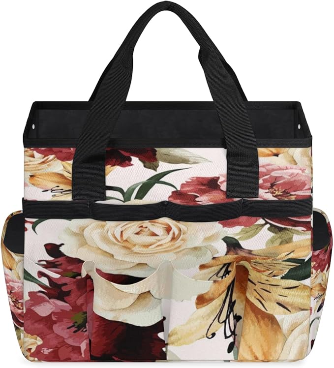 Floral Flower Pattern Garden Tool Tote Bag for Women Men Gardening Tool Storage Bags with 10 Pockets Standable Garden Home Tool Kits Organizer for Indoor Outdoor Gardening Gifts