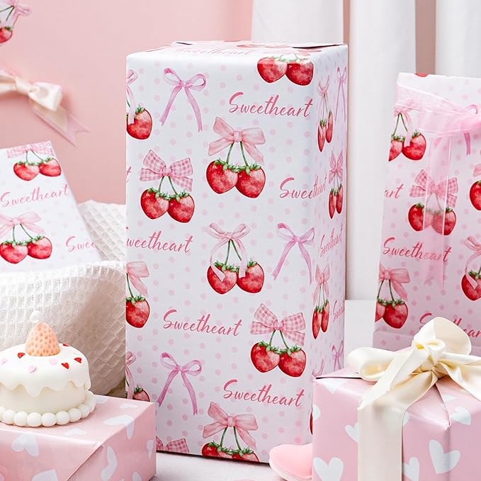 HOMERAL Pink Strawberry Wrapping Paper Roll - 17In x 32.8Ft Reversible Gift Wrap, Strawberry with Cherry-Stem and Bowknot for Girls Birthday, Wedding, Valentine’s Day, Baby Shower, Bridal Shower, Holiday, DIY Crafts