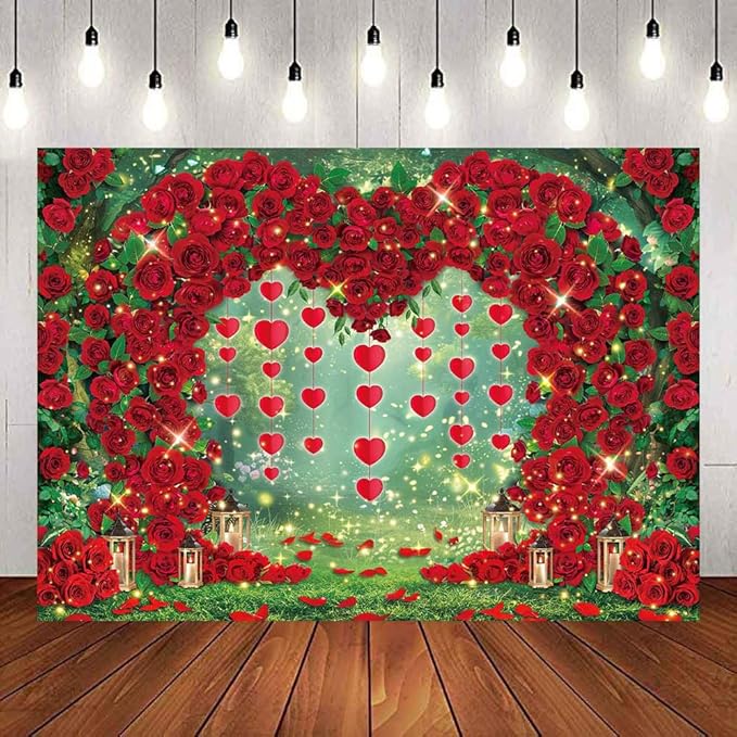 Valentine's Day Backdrop Red Rose Love Heart Garden Photography Background Floral Wedding Bridal Shower Birthday Party Decorations Photo Banner Props (120x96inch(10x8FT))