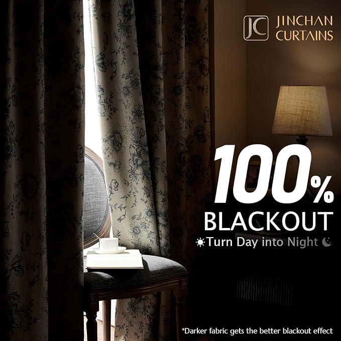 jinchan Blackout Linen Blend Curtain Grey Floral Blackout Curtains for Living Room 63 Inch Length Gray Printed with Lined Blackout Curtain for Bedroom Farmhouse Curtains Set 2 Panels