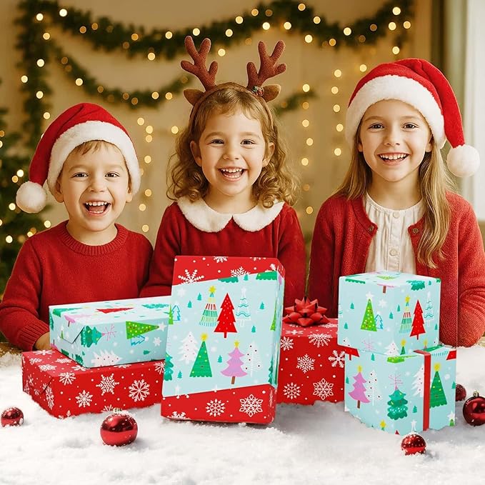 WERNNSAI Christmas Tree Wrapping Paper - 1 Roll 17”x 33 ft Christmas Gift Wrapping Paper for Kids Reversible Snowflake Wrap Papers Red Green Holiday Gift Wrap for Family Friends Xmas Winter Party