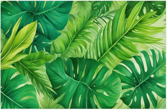 Green Summer Palm Leaf Placemats Set of 4 PVC Vinyl Non Slip Table Mats Waterproof Heat Resistant Place Mats Washable Wipeable Dining Table Mat for Kitchen Party Indoor Outdoor Decorative