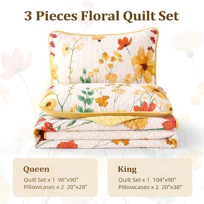 Anibedding Yellow Quilt Set King Size, Yellow Floral Reversible Bedspread Soft Microfiber Lightweight King Size Quilt Bedding Sets Reversible Coverlet for All Season(King, 104"x90")