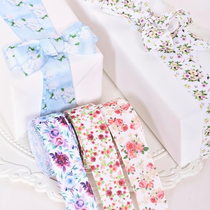Floral Grosgrain Ribbon, 5 Rolls Flower Pattern Ribbon Spring Summer Fabric Decorative Craft Ribbon Roll for Gift Wrapping Decor Hair Bow Sewing Wreath Crafts (Mixed Color, 2.5Inch X 20Yards)