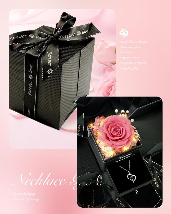 Birthday Gifts for Women, Preserved Real Roses with Heart Necklace I Love You in 100 Languages, Romantic Anniversary Wedding Gifts for Women Her Girlfriend Wife, Forever Roses Necklace Gift Box Pink