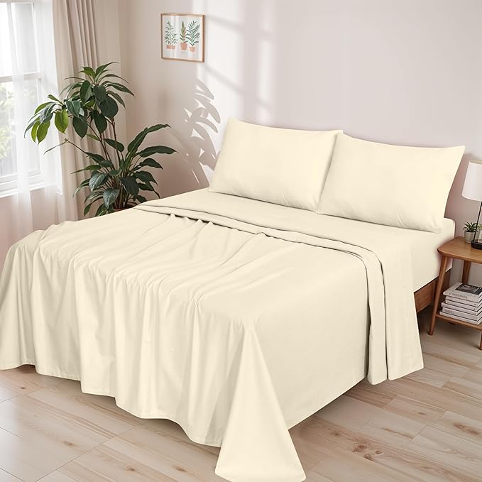 RUVANTI Flannel Sheets Full Size - GOTS Certified 100% Organic Cotton, 4 Piece Warm, Soft & Breathable Set, Deep Pocket Snug Fit, Double Brushed Cozy All Season Bedding, Winter White