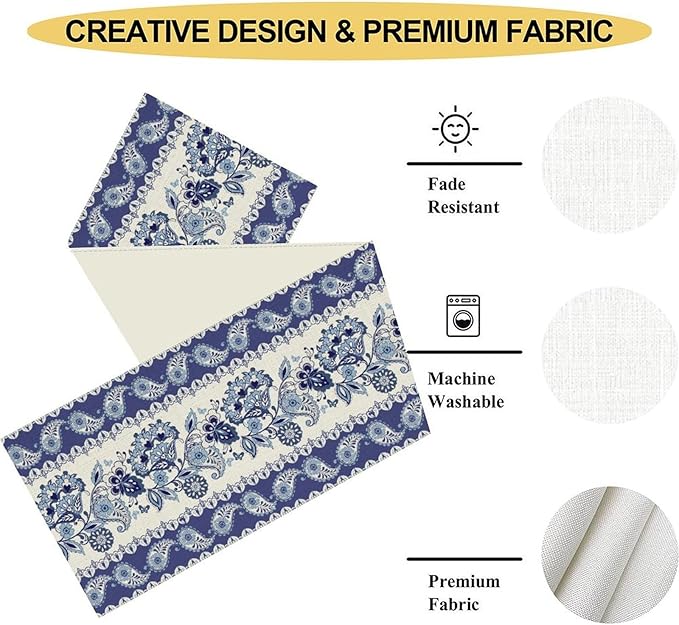 Blue Paisley Table Runner, Rustic Blue Bohemian Damask Exotic Flower Cafe Table Center Decor for Home Kitchen Dining Patio Holiday Party Indoor Outdoor Table Decorations 13x90 inch