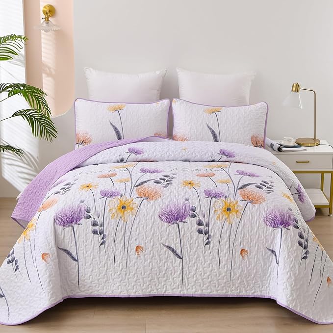 Dinjoy King Size Quilt Set Floral,3 Pieces Purple & Yellow Quilts Coverlet Set Boho Bedspreads Bed Cover Lightweight White Botanical Farmhouse Bedding Sets for Spring Summer Fall Winter(110"x90")