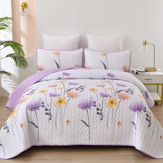 Dinjoy King Size Quilt Set Floral,3 Pieces Purple & Yellow Quilts Coverlet Set Boho Bedspreads Bed Cover Lightweight White Botanical Farmhouse Bedding Sets for Spring Summer Fall Winter(110"x90")