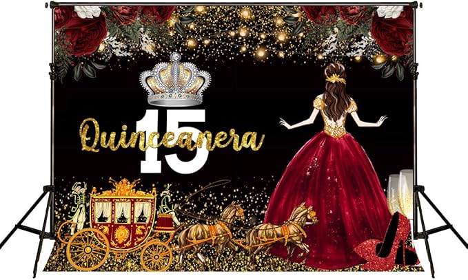 Red Dress Rose Flower Backdrops Quinceanera Birthday Backdrop for Girl Princess Happy 15th Bday Carriage Photography Props Cake Table Banner 7x5ft MBJLSLU37