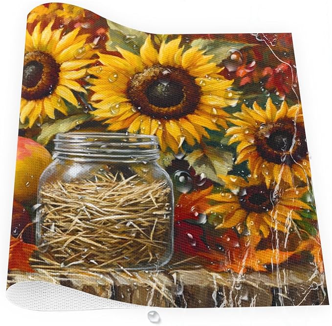 Autumn Apple Flower Sunflower Placemats Set of 4 PVC Vinyl Non Slip Table Mats Heat Resistant Place Mats Washable Wipeable Dining Table Mat for Kitchen Decor Party Indoor Outdoor Decorative Gift