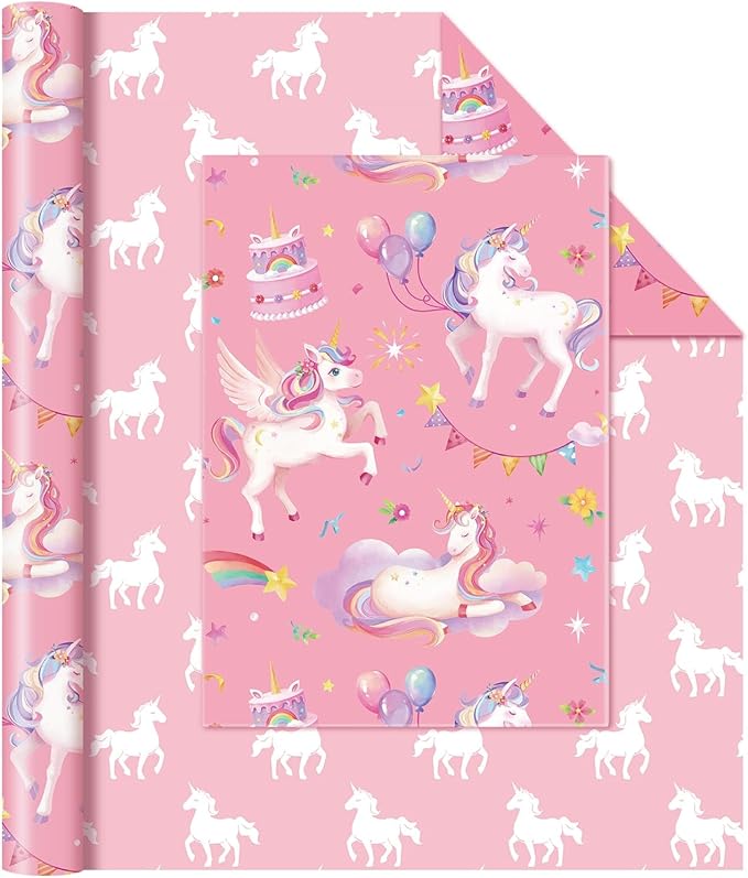 WERNNSAI Unicorn Gift Wrapping Paper - 1 Roll 17”x 33 ft Unicorn Birthday Wrapping Paper Pink Girl Gift Packing Supply Baby Shower Princess Theme Party Favor