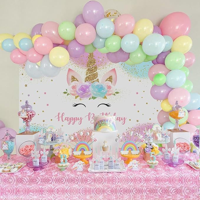 Mocsicka Unicorn Birthday Decorations Backdrop for Girls Party 8x6ft Pastel Rainbow Glitter Stars Dots Happy Birthday Banner Photo Booth Props