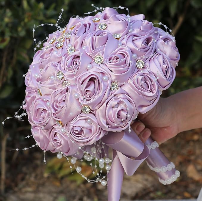 Bridal Wedding Bouquet Round Bling Brooch Bouquet Throw Toss Artificial Rose Flower Bunch for Bride Bridesmaid Wedding Quinceanera(Light Taro Purple, 7.5")