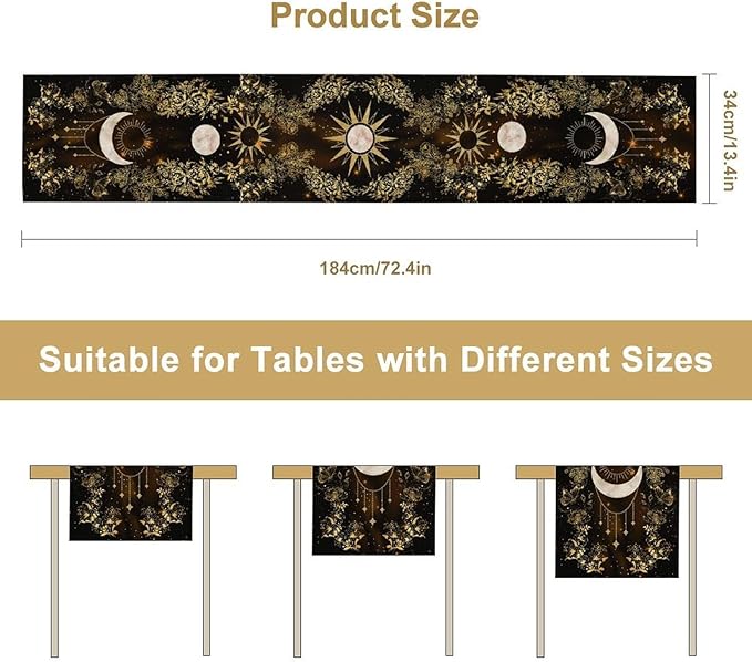 Boho Floral Table Runner, Spring Gothic Moon Phase Wildflower Mystical Witchy Farmhouse Coffee Table Center Decor for Home Kitchen Dining Patio Holiday Party Table Decorations 13x108 inches