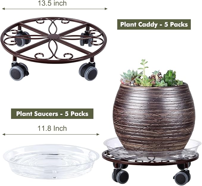 5 Pack Plant Caddy with Wheels Heavy Duty 13.5 Inches Metal Plant Stand with Wheels Plant Dolly Rolling Plant Stand Plant Roller with Casters for Indoor and Outdoor, Bronze