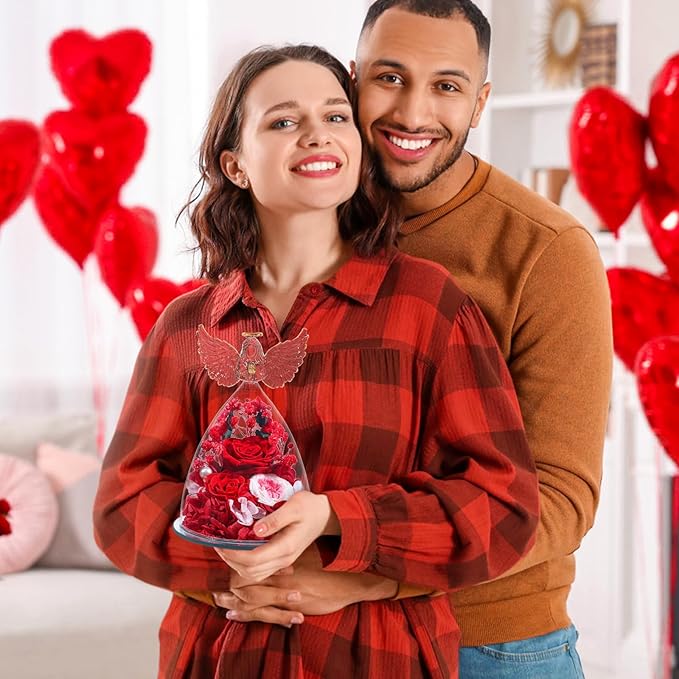 FIACO Gifts for Women Preserved Rose Forever Flower in Glass Angel Figurine Fresh Flowers for Delivery Mothers Day Birthday Gifts for Mom Grandma Wife Sister Red