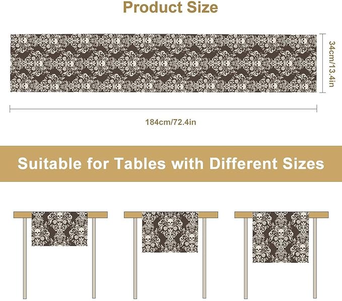 Vintage Gothic Table Runner, Retro Baroque Luxury Dark Skull Day of Death Witchy Coffee Table Center Decor for Home Kitchen Dining Patio Holiday Party Table Decorations 13x90 inches