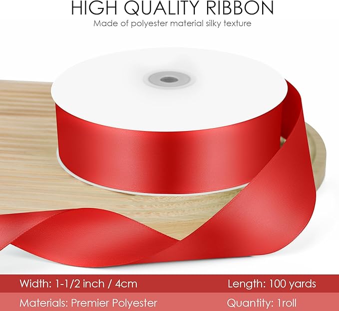 100 Yards 1-1/2 inch Satin Ribbon, Fabric Ribbon Solid Color Perfect for Gift Wrapping, Wedding, Handmade Bows, Floral Bouquets and Party Decoration(red)