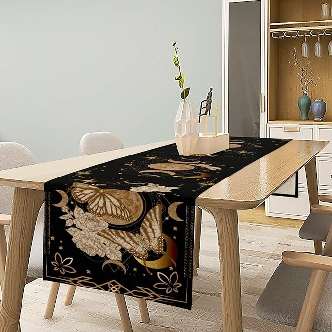 Gothic Moth Table Runner, Boho Floral Gothic Sun Moon Phase Mystical Witchy Starlight Coffee Table Center Decor for Home Kitchen Dining Patio Holiday Party Table Decorations 13x108 inches
