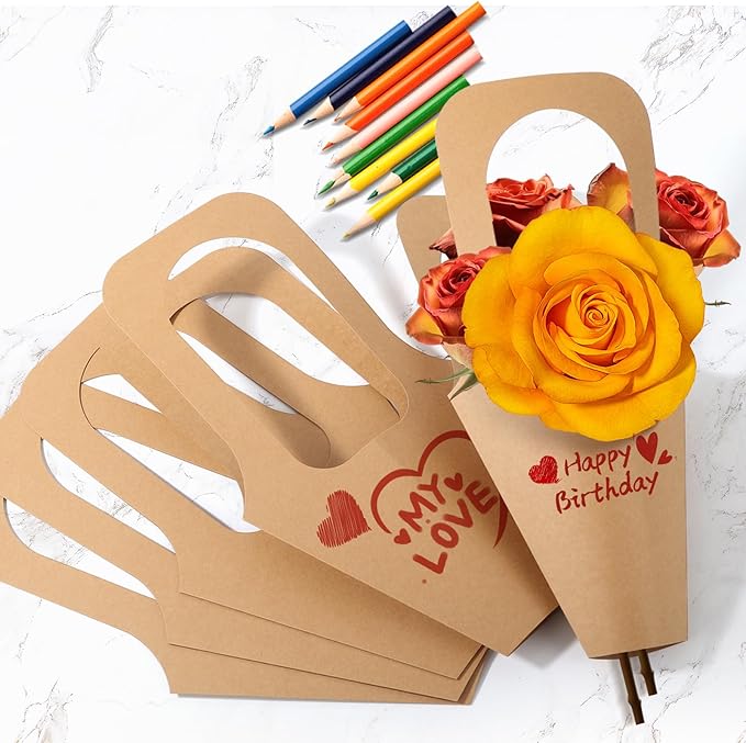 Cyblinia 25 Pack Paper Flowers Gift Bags Flower Bouquet Bags with Handle Flower Wrapping Bags for Wedding,Valentine's Day,Florist Shop Packaging Supplies, Inches, Brown