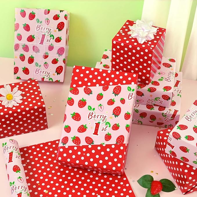 WERNNSAI Berry First Birthday Wrapping Paper - 1 Roll 17”x 16.5ft Pink Strawberry Gift Wrapping Paper Sweet One Birthday Packing Supply Baby Shower Party Favors Berry Sweet Design