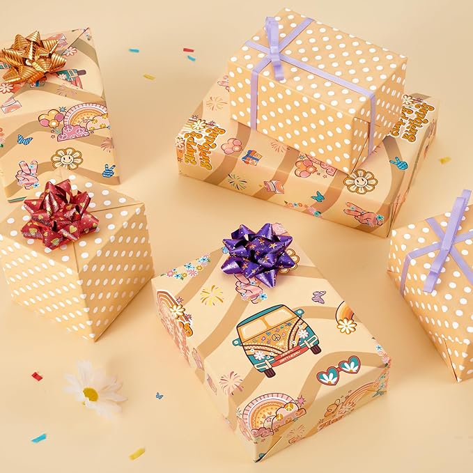 WERNNSAI Groovy Hippie Wrapping Paper - 1 Roll 17” x 33 ft Boho Rainbow Daisy Wrapping Paper Retro Brown Gift Packing Favor for Kids Birthday Vintage Theme Party Supplies Reversible Polka Dot Design