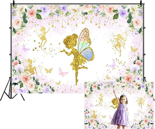 Renaiss 5x3ft Floral Fairy Backdrop Pink Gold Flower Butterflies Golden Glitter Princess Fairy Birthday Party Photography Background for Girl Baby Shower Decor Photo Studio Props
