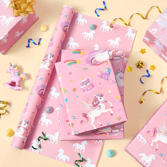 WERNNSAI Unicorn Gift Wrapping Paper - 1 Roll 17”x 33 ft Unicorn Birthday Wrapping Paper Pink Girl Gift Packing Supply Baby Shower Princess Theme Party Favor