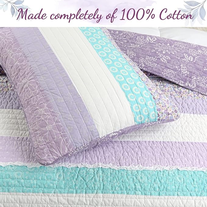 Cozy Line Home Fashions Purple Baby Blue Floral Striped Ruffle Girl 100% Cotton Reversible Quilt Bedding Set, All-Season Coverlet Bedspread (Lilac Flower, Queen-3 Piece)