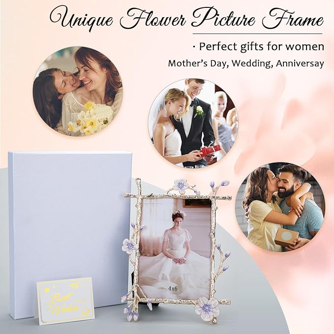 4x6 Purple Floral Picture Frame Vintage Gold Photo Frame with Glass Front, Ornate Antique Tabletop Art Desktop Home Office Decor Gold Metal Frame, Unique Gifts for Women Wedding Mothers Day