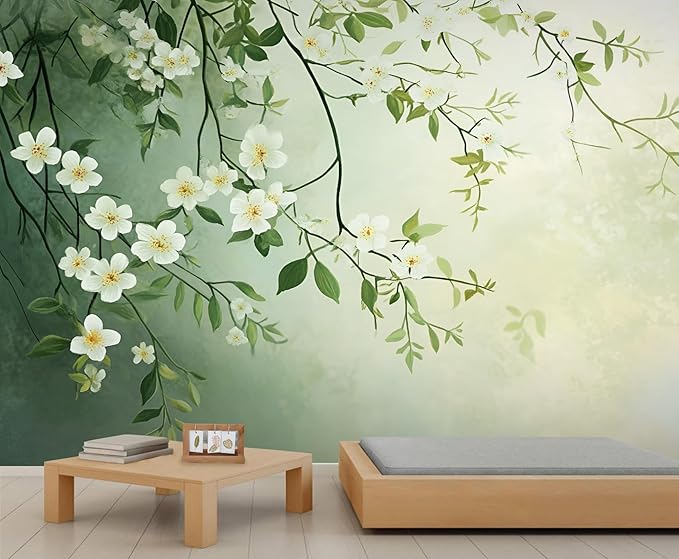 Spring Blossom Floral Wall Mural, Minimalist White Floral 3D Wall Murals, Elegant Botanical Wallpaper Mural, for Living Room Bedroom Large Wallpaper Indoor Decor 177.16" W x120 H