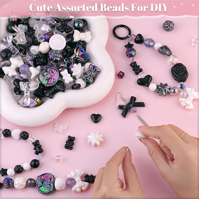 Assorted Acrylic Beads, 200-260PCS Black Cute Beads for Bracelet Making, GummyBear Bow Flower Candy Kawaii Charms for Jewelry Making DIY Necklace Keychain Phone Charm Christmas Gift